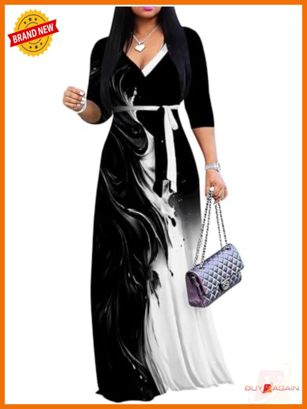 Plus Size Maxi Dress 3/4 Sleeve V Neck Wrap Tie Waist Belted